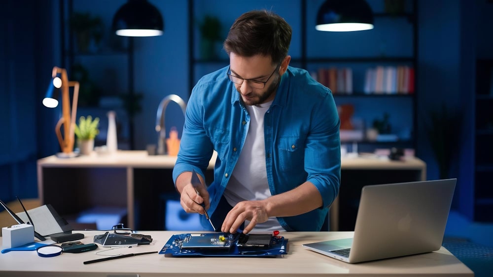 electronic repair man working at desk