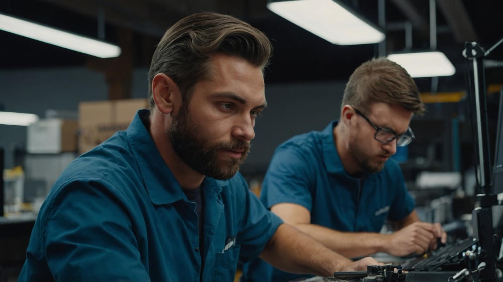 two men working blue shirts industrial setting