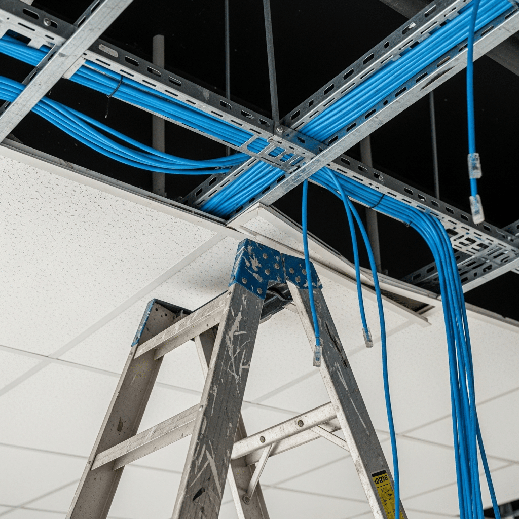 Network Cabling Installation in Minneapolis: A Complete Business Guide 3 Cable tray and drop ceiling during network cabling installation in a Minneapolis commercial building