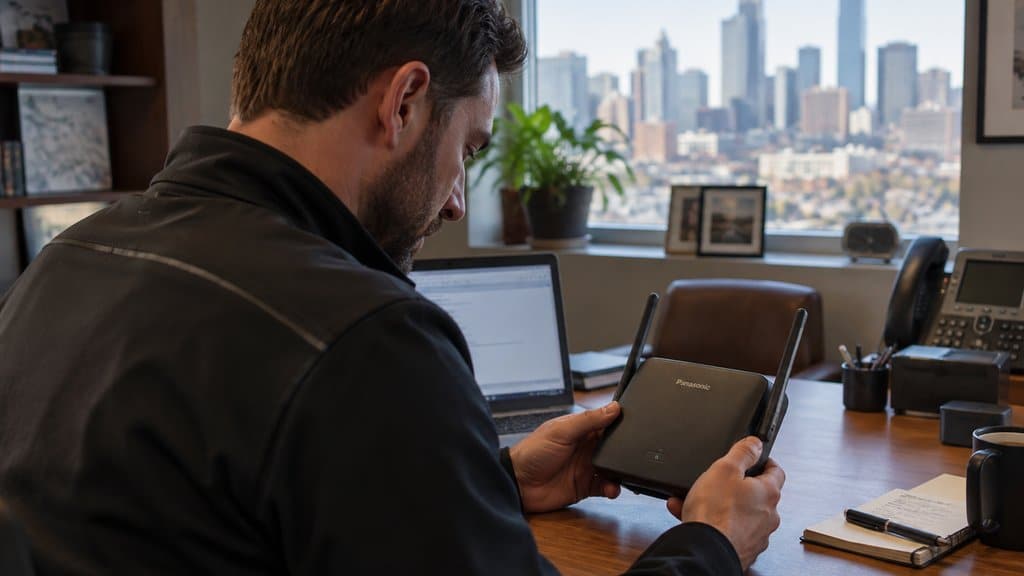 Panasonic Cordless Phones Repair in Minneapolis: A Business Guide 1 Switchback technician assessing Panasonic phone system Minneapolis